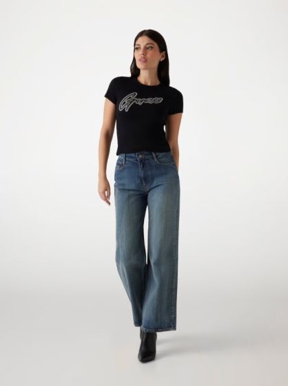 T-Shirt GUESS Logo Nietenbesatz Schwarz