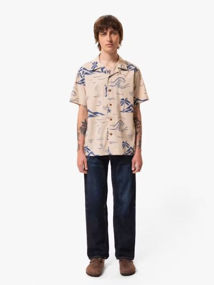 Hemd NUDIE JEANS Arvid Waves Hawaii Shirt Ecru